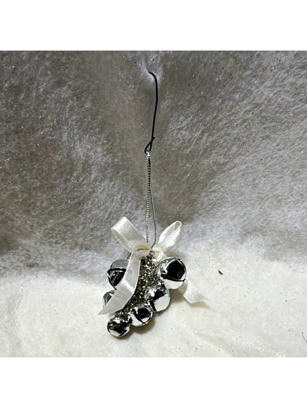 Silve Christmas Bell Cluster Hanging Ornament w/ Ribbon Bow, Metal, 1